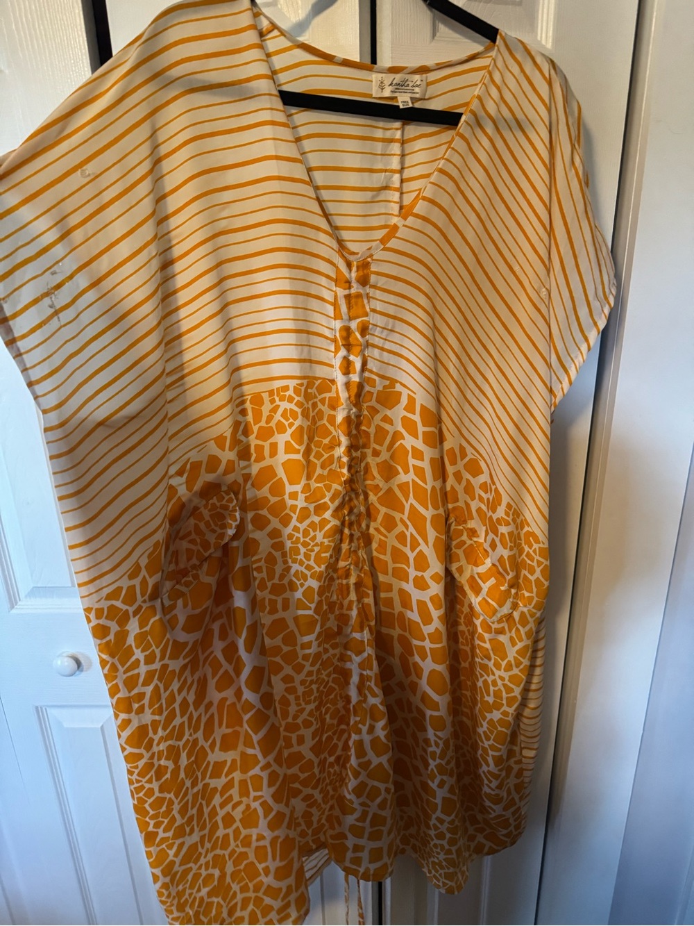 V-Neck White and Mustard Patterned Tunic
